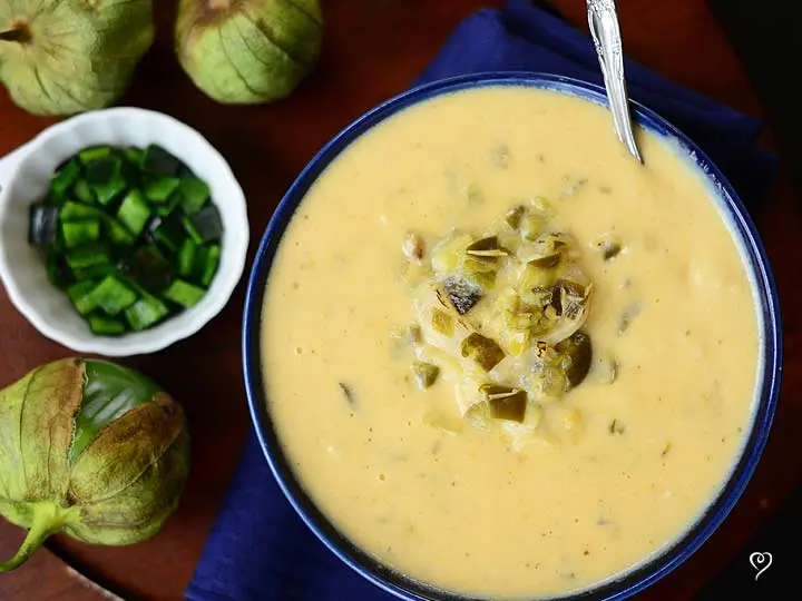 Roasted Poblano and White Cheddar Soup with Tomatillos