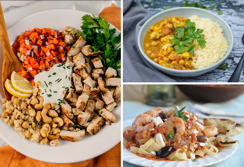 Grilled Chicken & Quinoa Power Bowl, Vegetable and Chickpea Curry over Coconut Rice, Greek Island Shrimp with Pasta