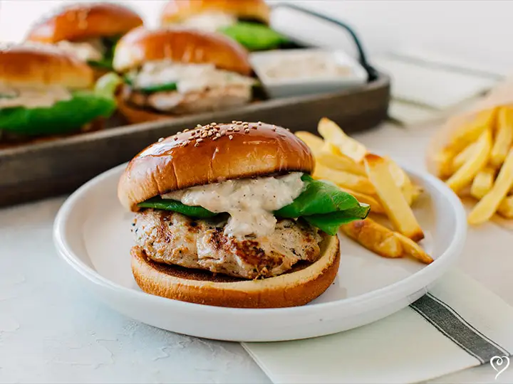 Grilled Chicken Caesar Sandwiches with Onion Rings