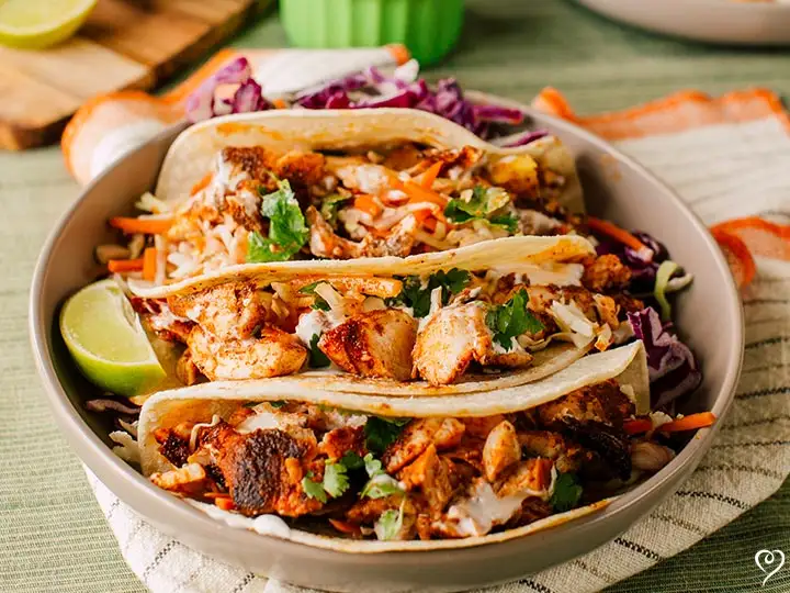 Blackened Cod Fish Tacos with Mexican Street Corn