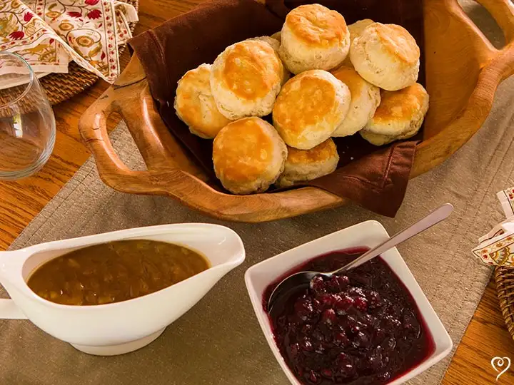 Holiday Trio: Turkey Gravy, Cranberry Relish, and Biscuits with Pumpkin Butter