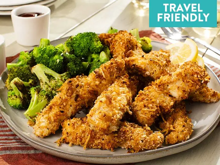 Crunchy Oven Fried Chicken Tenders with Cheesy Stovetop Cauliflower