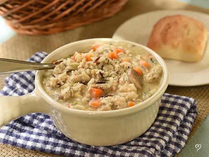 Hearty Chicken and Wild Rice Soup with Breadsticks