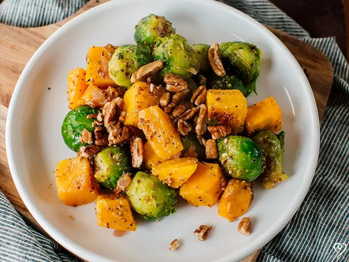 Roasted Sweet Potatoes and Brussels Sprouts in Warm Dressing